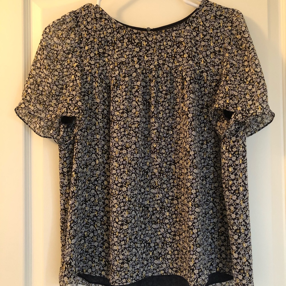 J.Crew silk flowered blouse, navy, white and gold